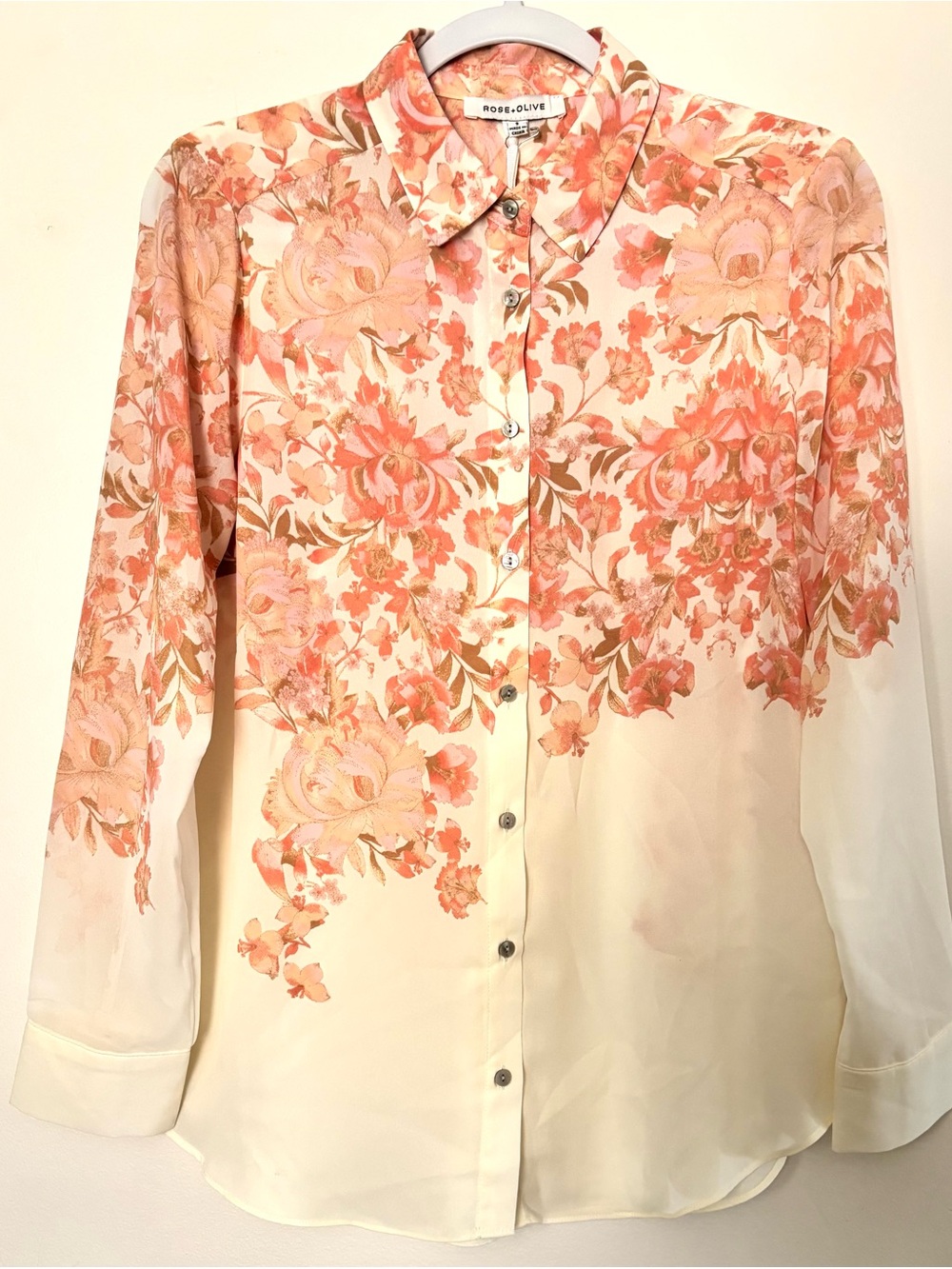Rose & Olive Cream Button-Down Blouse with Peach Floral Print
